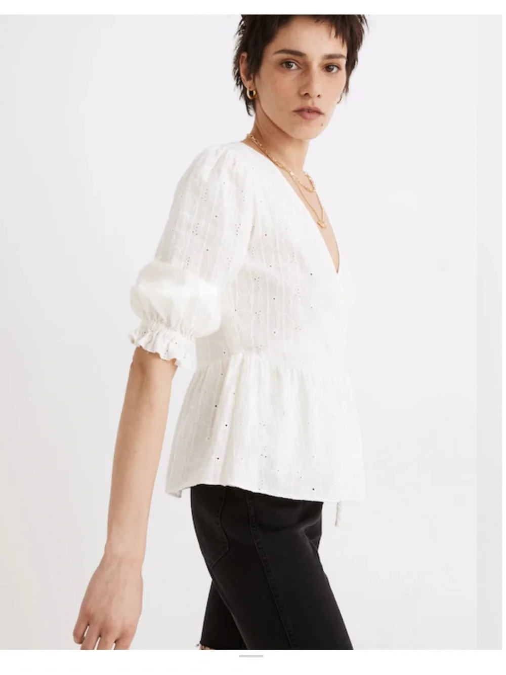 Madewell White Eyelet Embroidered Wrap Peplum Blouse 100% Cotton
